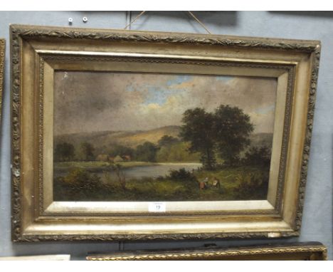 A GILT FRAMED VICTORIAN TYPE OIL ON CANVAS DEPICTING FIGURES IN A RIVER LANDSCAPE
