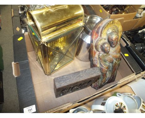 A BRASS HURRICANE STYLE LAMP, TOGETHER WITH RELIGIOUS TREEN ITEMS ETC 