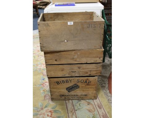 A QUANTITY OF VINTAGE WOODEN CRATES TO INC BIBBY'S SOAP