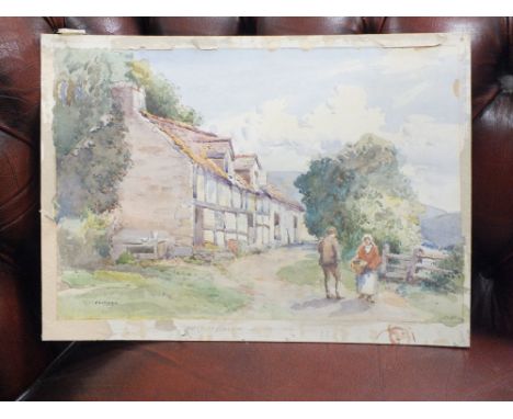 AN UNFRAMED WATERCOLOUR OF A RURAL SCENE WITH FIGURES, SIGNED E WILLIAMS 1924