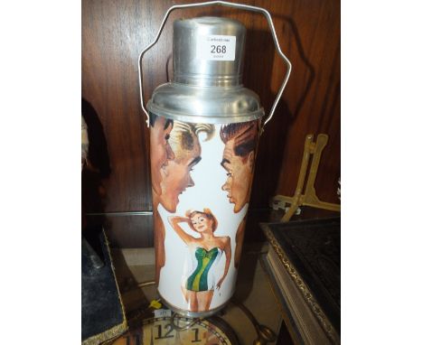 A VINTAGE CHROME EFFECT FLASK WITH FIGURATIVE ENAMELLED DETAIL 