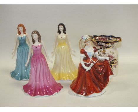 THREE ROYAL DOULTON GEMSTONE COLLECTION FIGURES RUBY, TURQUOISE AND TOPAZ TOGETHER WITH A FRANCESCA PORCELAIN LADY FIGURE AND