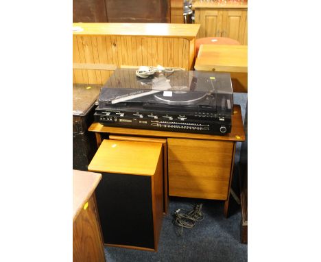 A RETRO 'GARRARD SP25 MK V' RECORD PLAYER & SPEAKERS IN A TEAK CABINET