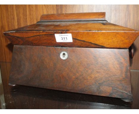 A 19TH CENTURY ROSEWOOD TEA CADDY, of sarcophagus form, raised on squat bun feet, minus interior, W 31 cm  S/DCondition Repor