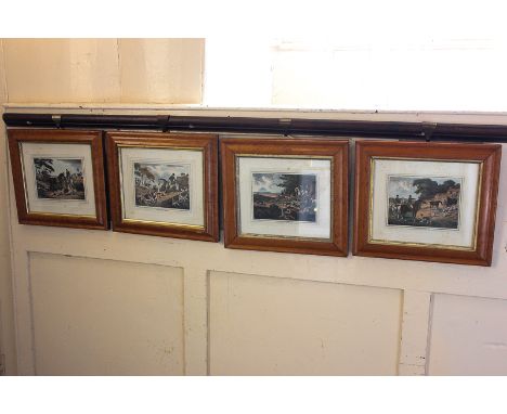 After Howitt, a set of four hare hunting prints in maple frames, 22cm by 24cm