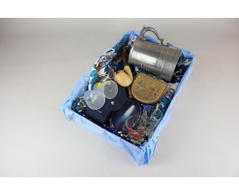 A box of Sir Patrick Moore memorabilia, to include a Hawaiian shirt, pewter mug, purse, pipe, tie, paperweight, letter opener