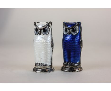 A pair of David Andersen silver and enamel owl salt and pepper in blue and white, D A Norway, sterling silver to base, 5.5cm 