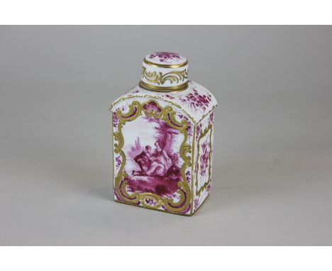An 18th century Continental porcelain tea caddy decorated with a hand painted design in pink of lovers near a church, with gi