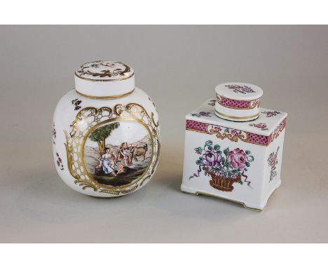 A Naples porcelain tea caddy decorated with scenes of women and children, together with a Continental porcelain tea caddy wit