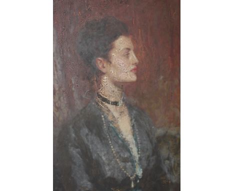 English School portrait of a young woman, standing half length, wearing a black choker and pearl necklace, oil on canvas, con