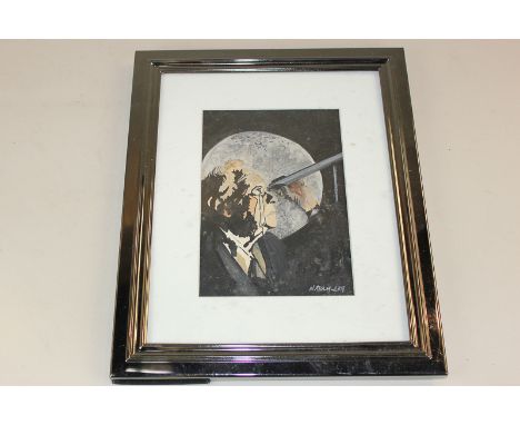 A portrait of Sir Patrick Moore looking through a telescope with moon behind, watercolour, indistinctly signed, 17cm by 12cm,