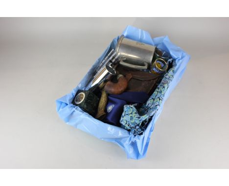 A box of Sir Patrick Moore memorabilia, to include a Hawaiian shirt, pewter mug, purse, pipe, tie, paperweight, letter opener