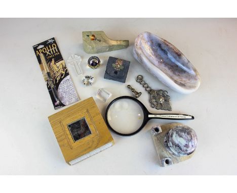 A small collection of table items to include a small marble desk stand in the form of an observatory, a magnifying glass, cas