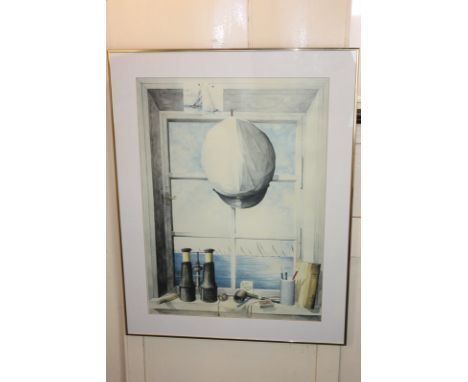 Maritime print, view of yachts from a window with sailing cap and nautical items, coloured print, 73cm by 52cm