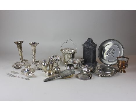 A 19th century jelly mould, a silver inkwell, napkin ring (a/f), spoon and fork, together with a pair of silver plated bud va