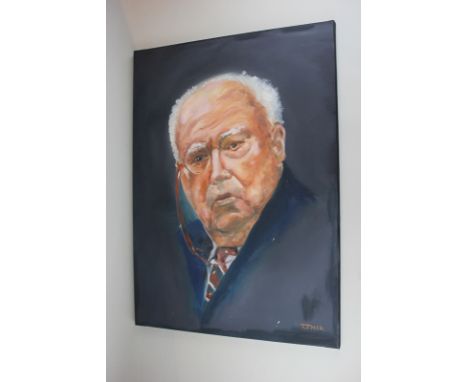 T Tyler, portrait of Sir Patrick Moore, oil on canvas, 70cm by 50cm, (SPM)