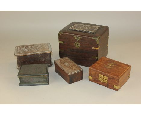 A silver mounted wooden trinket box, 10cm, and four various boxes including a rosewood brass mounted box (a/f), 16cm, an Indi