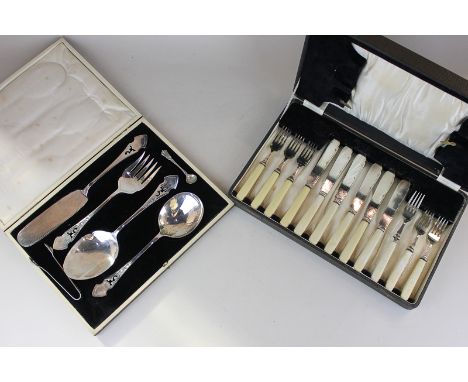 A cased set of silver plated serving spoons, fork and knife, together with a cased silver plated part fish service