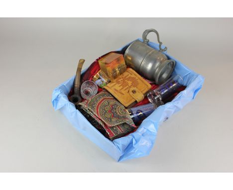 A box of Sir Patrick Moore memorabilia, to include a Hawaiian shirt, pewter mug, purse, pipe, tie, paperweight, letter opener