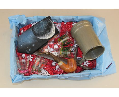 A box of Sir Patrick Moore memorabilia, to include a Hawaiian shirt, pewter mug, purse, pipe, tie, paperweight, letter opener