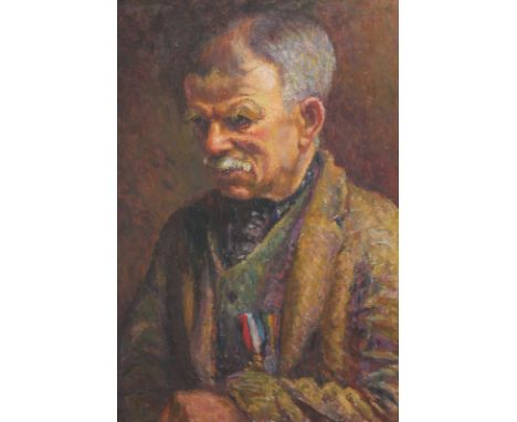 Wilhelmina Rose Aitken (1886-1972), portrait of a man wearing medals, by repute the gardener at Rowley Lodge, home of the Ait
