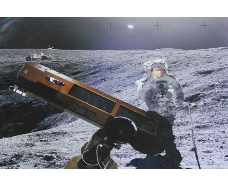 A humorous photo montage picture of Sir Patrick Moore as an astronaut with telescope on the moon surface, 31cm by 41cm, a hum