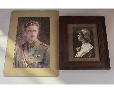 Early 20th century school, portrait of a British army officer in uniform, watercolour, unframed, 42cm by 31cm, two other wate