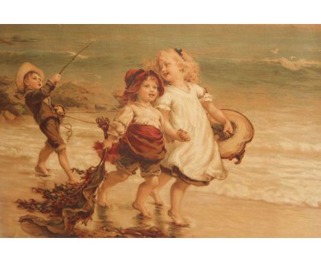 Pears print, after Morgan, children playing on a beach, coloured print, 43cm by 60cm