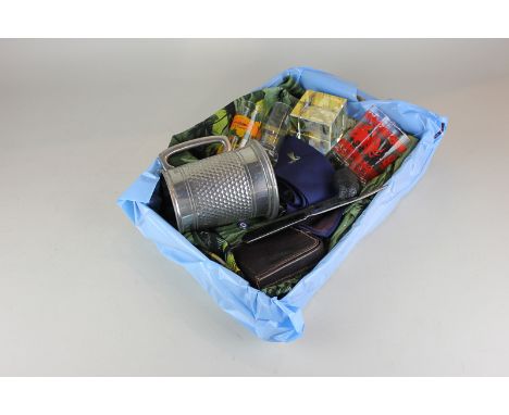 A box of Sir Patrick Moore memorabilia, to include a Hawaiian shirt, pewter mug, purse, pipe, tie, paperweight, letter opener