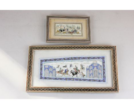 A Persian miniature picture plaque of horse riders in a polo match, in inlaid frame, 17cm by 32cm overall, and another simila