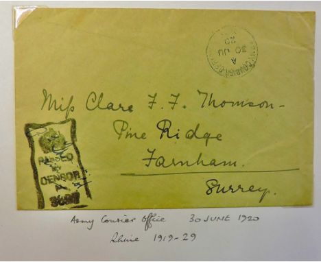 Army Official 1920 Cover  From the Rhine to Farnham with 30th June Army Couriers Office cancel and Censor Mark.  Unusual.