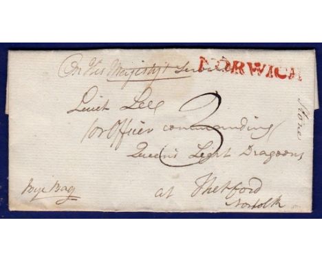 Norfolk - 1791  OHMS EL from Norwich to Commanding Offices of the Queen's Light Dragoons at Thetford.  On the obverse is a No