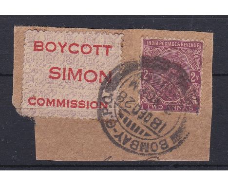 India - 1928  Boycott Simon Commission adhesive partially tied on piece WMK 2 Anna's stamp.  Bombay G.P.O. Datestamp.  Scarce