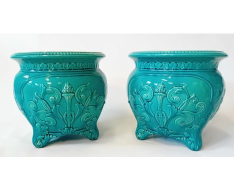 Pair of Arts & Crafts planters, in the manner of Burmantofts, with floral and scroll design29x30cm