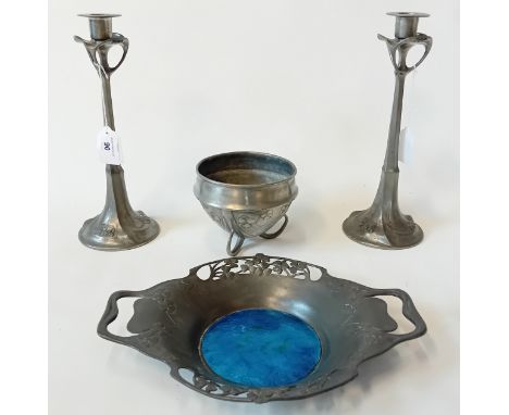 Archibald Knox for Liberty &amp; Co Tudric, Art Nouveau pewter and enamel bowl, candlesticks and centrepiece.