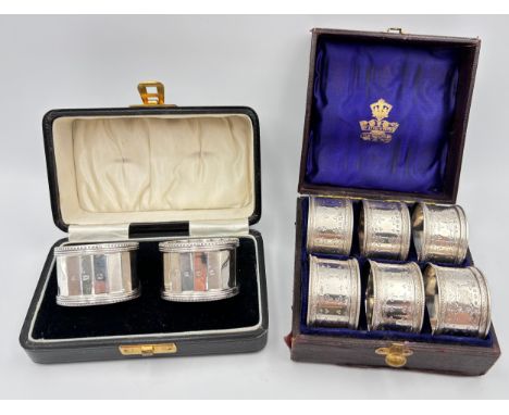 Cased set of 6 Silver napkin rings, Elkington & Co (Frederick Elkington), Birmingham 1877, cased set of two napkin rings, Adi