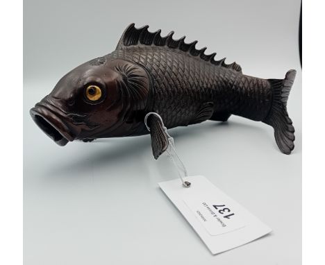 Japanese patinated bronze Koi fish sculpture vase[22cm]