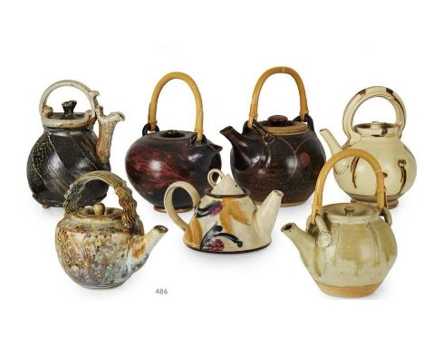 Contemporary collection of studio pottery teapots, comprising; Jim Malone [B.1946], tenmoku pottery, ash, impressed makers se