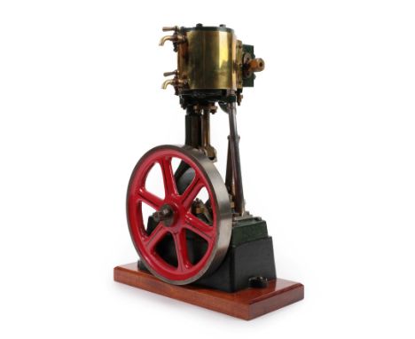 Stuart No.1 Stationary Engine  with single upright cylinder and fly wheel, on wooden base 14'', 36cm high