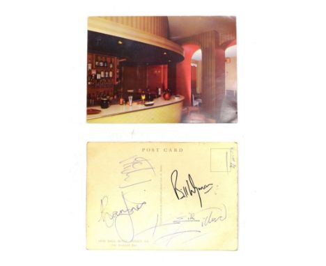 Rolling Stones Signatures a postcard hand signed by four of the Rolling Stones: Mick Jagger, Brian Jones, Bill Wyman and Keit