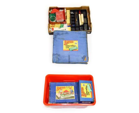 Bayko Various Sets 4, two 3s, 3X, 2, 2X and one unnumbered (contents unchecked, boxes F-G) and a small collection of loose pa