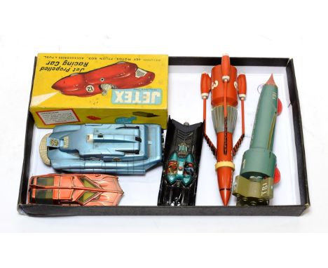 TV Related Items Rosenthal Thunderbirds 1 and 3 (both G-F, 1 lacks fins); Dinky SPV and SPC; Corgi Batmobile (all G-F) (5)