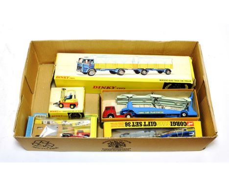 Various Diecast Dinky 917 Mercedes Benz truck and trailer and 404 Fork lift truck; Corgi Gift Set 36 Oldsmobile Toronado with