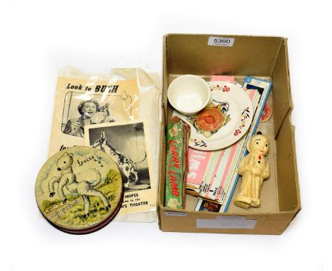 Various Toys including Mr Turnip Soap, Louise Huntley &amp; Palmer biscuit tin, Larry the Lamb film strip, Muffin the Mule pl