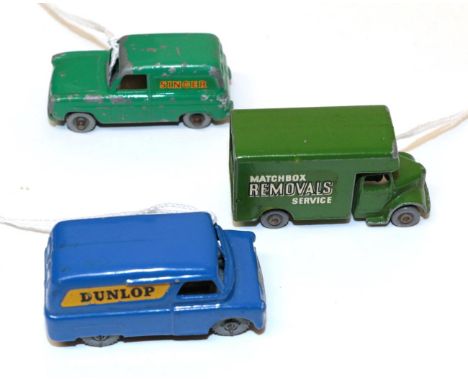 Matchbox 1-75 Three Models 17 Matchbox Removals van dark green, black border to lettering GPW (G-F, one decal incomplete), 59