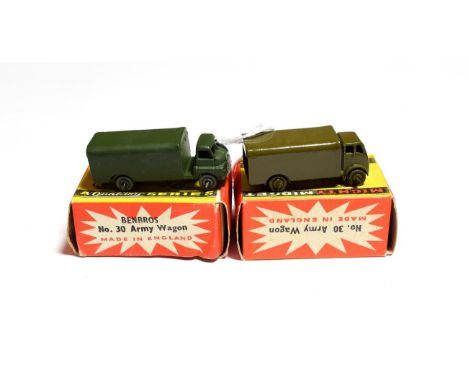 Benbros Mighty Midgets No.30 Army Wagon (i) gloss green, MW (ii) matt green MW (both E boxes E-G) (2)