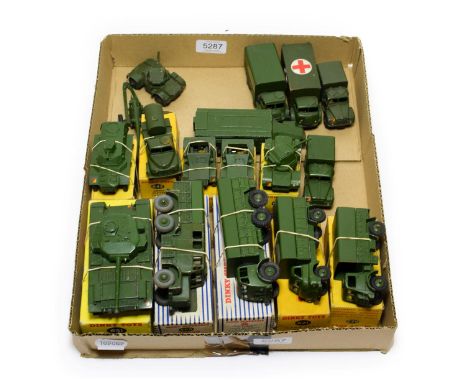 Dinky Military 651 Centurion tank, 689 Medium artillery tractor, 622 10 ton truck, 621 3 ton truck, 623 Covered wagon, 676 Ar