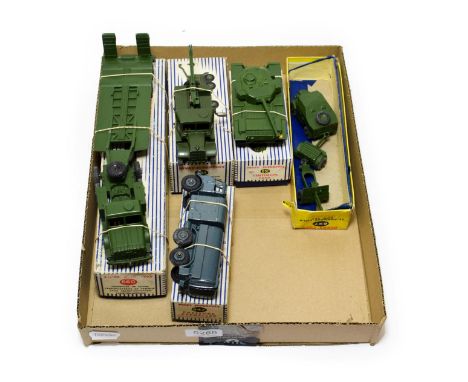 Dinky Military 660 Tank transporter, 651 Centurion tank, 661 Recovery tractor 642 Pressure refueller and 697 25-pounder Field