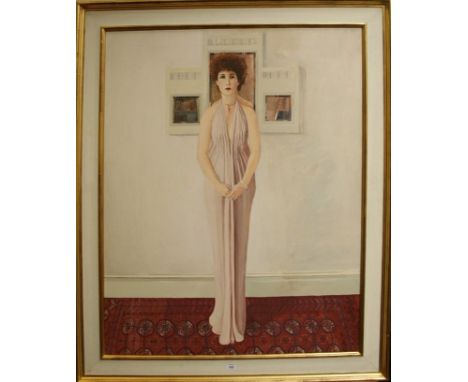 David Remfry (British b.1942) Portrait of Prudence Glynn, standing full length in a light pink evening gown oil on canvas 112