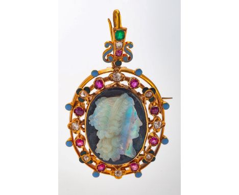 A late 19th century carved opal cameo pendant possibly by Wilhelm Schmidt, depicting a bust portrait of a classical maiden in